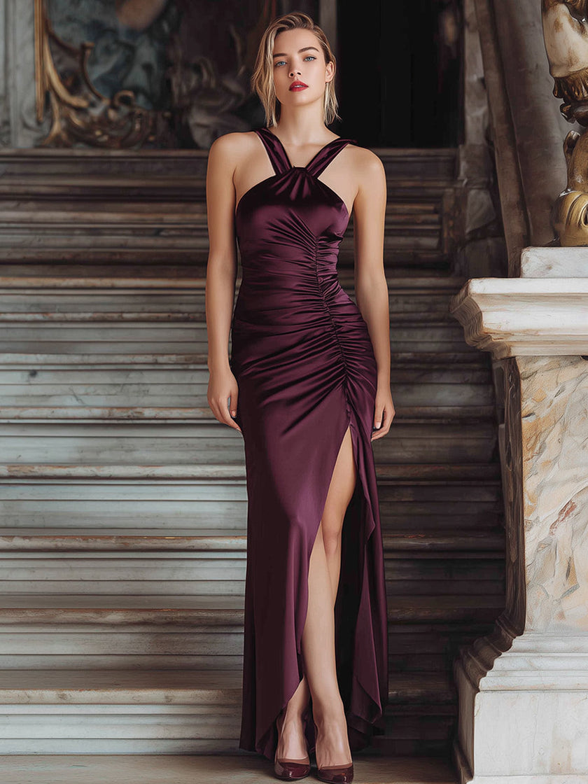 FJØRNA burgundy satin maxi dress with double straps and ruched detailing, elegant formal gown for special occasions.