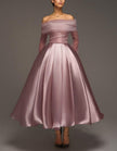 Pink satin midi dress for women by FJØRNA, strapless A-line design with shawl and strappy details.