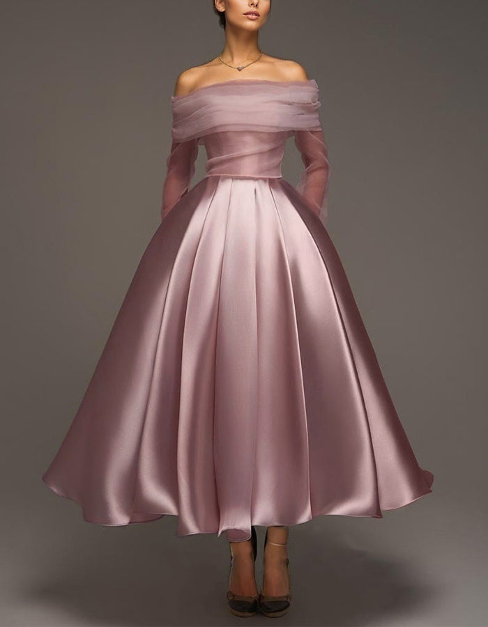 Pink satin midi dress for women by FJØRNA, strapless A-line design with shawl and strappy details.