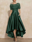 FJØRNA satin midi dress for women, round neck two-piece set with short sleeves, elegant and stylish for formal occasions.