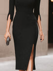 FJØRNA black keyhole front midi dress for women, stylish midi black dress with a keyhole neckline and elegant fit.
