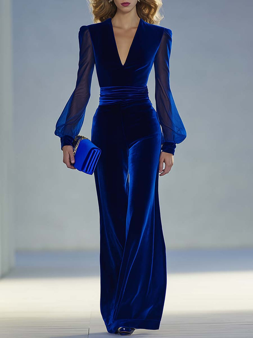 Royal blue velvet V-neck mesh long sleeve jumpsuit for women by FJØRNA, featuring a stylish and comfortable pants design.