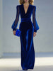 Royal blue velvet V-neck mesh long sleeve jumpsuit by FJØRNA, featuring a fitted silhouette and elegant design.