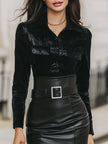 FJØRNA velvet and faux leather belted midi dress with elegant design, perfect for evening wear and stylish occasions.