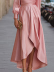 FJØRNA elegant satin long-sleeve high-low evening dress for women, featuring a flowing design and sophisticated style.