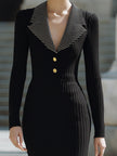 Black ribbed knit midi dress with contrast lapel by FJØRNA, featuring a fitted silhouette and stylish design for women.