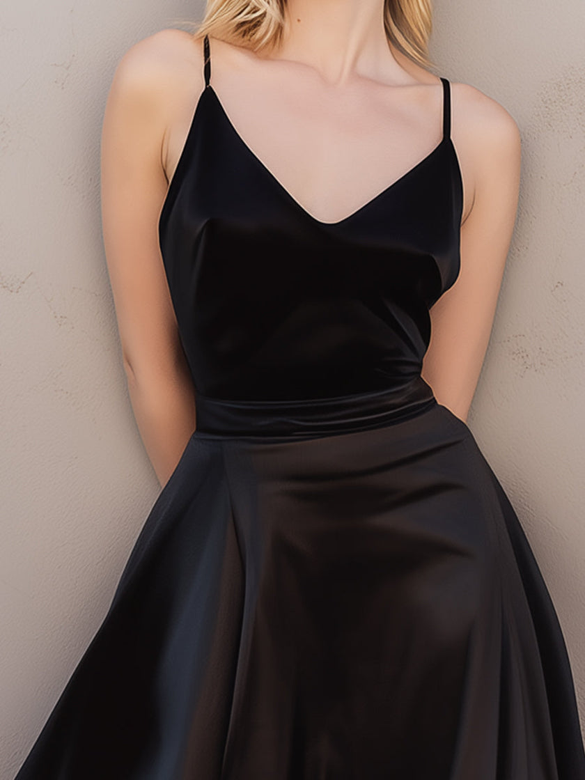 FJØRNA satin ruffled midi dress with spaghetti straps, featuring a flowing design and elegant details for stylish occasions.