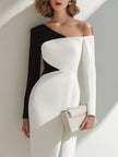FJØRNA black and white asymmetrical one-shoulder midi dress, stylish dress with unique design and elegant silhouette.