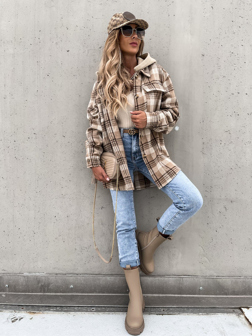 Plaid Hooded Jacket Loose Fit
