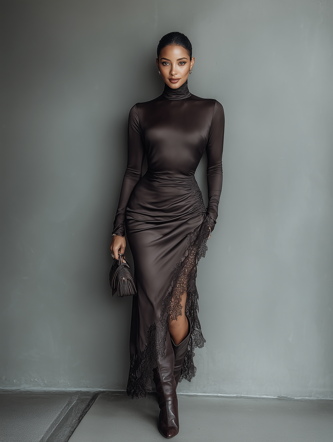 Women's dark brown satin maxi dress with irregular hem, lace details, and slim fit by FJØRNA, shown on a model.