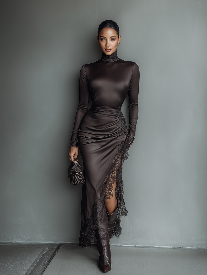 Women's dark brown satin maxi dress with irregular hem, lace details, and slim fit by FJØRNA, shown on a model.