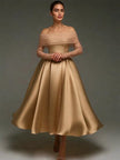 Pink satin midi dress for women, strapless A-line style with shawl and strappy details, by FJØRNA.