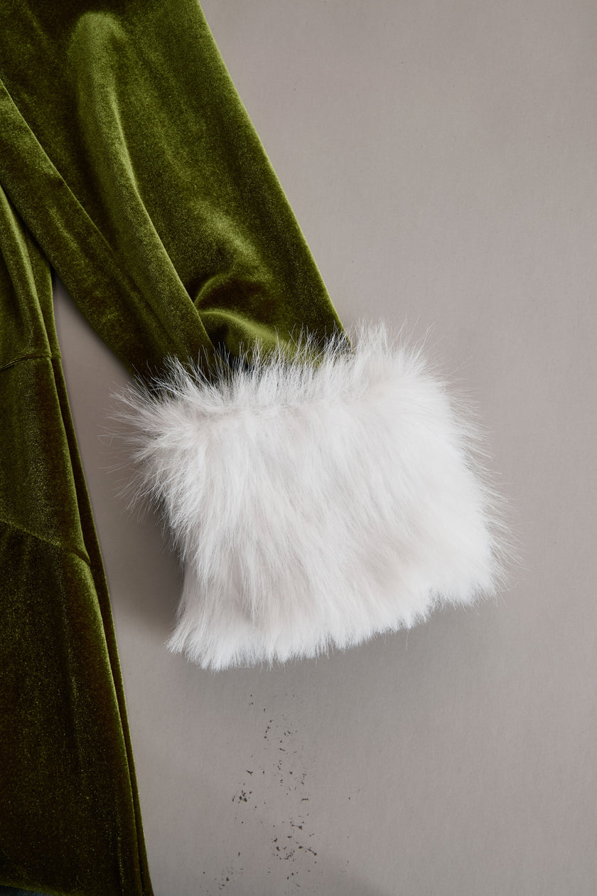 Rose red velvet faux fur collar flared jumpsuit by FJØRNA featuring wide legs and stylish design.