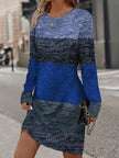 FJØRNA long sleeves midi dress with contrast color print, split-joint round neck, loose fit, and stylish design.