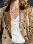 FJØRNA khaki leopard print colour-block velvet blazer with tailored fit, featuring bold animal print and contrasting fabric panels.