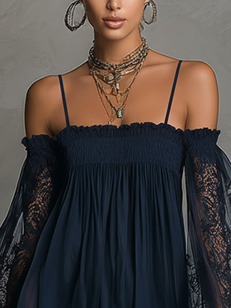 FJØRNA elegant mini dress for women, off-shoulder pleated design, stylish and suitable for special occasions.