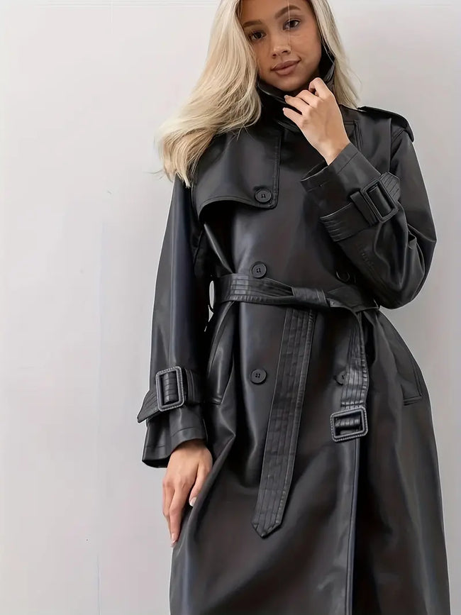 Elegant Black Leather Trench Coat - 1
