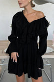 FJØRNA solid color V-neck ruffled ruched long-sleeved mini dress, casual wedding dress, perfect for vacation or special occasions.