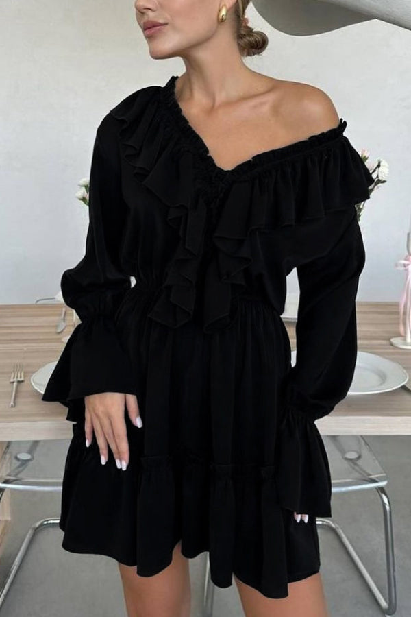 FJØRNA solid color V-neck ruffled ruched long-sleeved mini dress, casual wedding dress, perfect for vacation or special occasions.