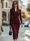 FJØRNA elegant long-sleeve sculpted midi sheath dress for women, fitted and stylish, shown in a sleek silhouette.