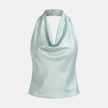 FJØRNA men's satin top, stylish and smooth fabric, close-up of the sleek black satin men's top with a relaxed fit.