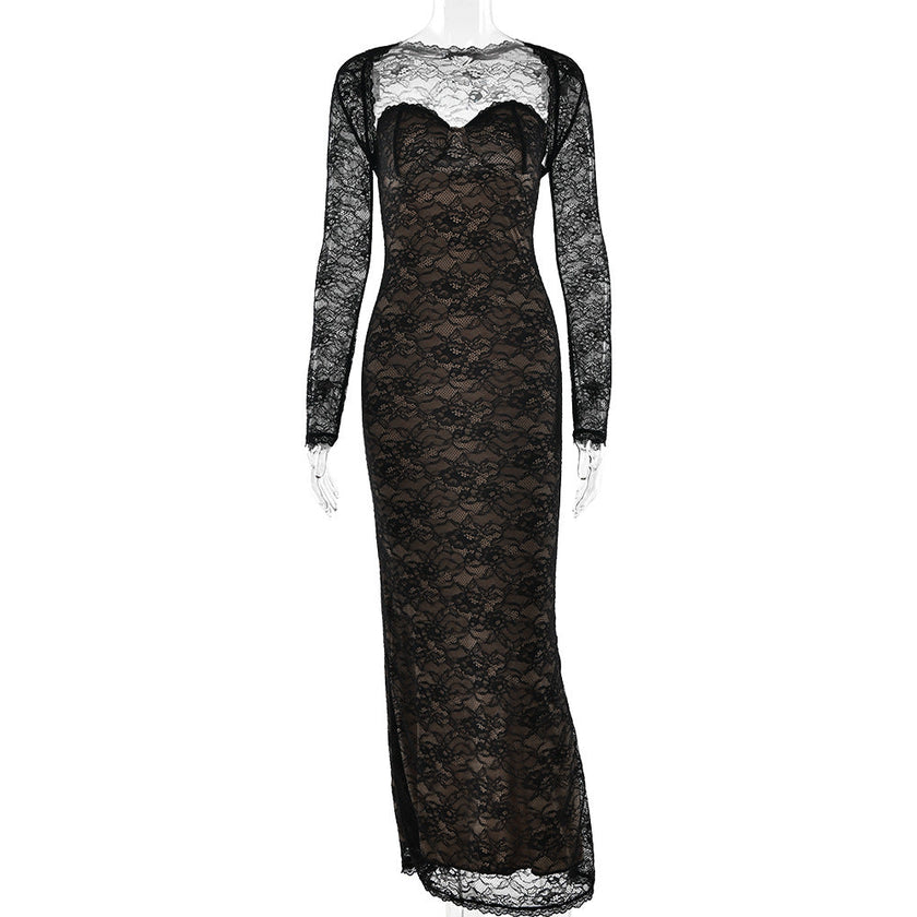 FJØRNA women's lace backless fishtail dress set with mesh overlay, elegant evening dress featuring intricate lace details.