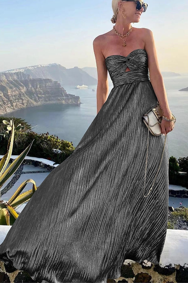 FJØRNA Celeste women's strapless A-line evening gown with pleated metallic fabric, elegant and stylish for formal occasions.