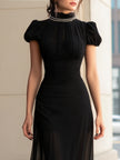 White FJØRNA high-neck pearl-trim puff-sleeve evening gown with sheer panels, elegant and stylish for formal occasions.