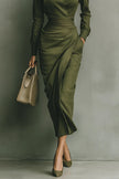 White FJØRNA long sleeve midi dress with lapel collar, pocket details, slim fit, and asymmetrical hem for a stylish look.