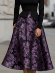 FJØRNA floral jacquard peplum bodice midi dress with a fitted waist and elegant floral pattern, perfect for stylish occasions.