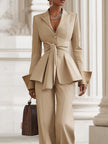 FJØRNA khaki belted waist two-piece trouser set with stylish pants and matching top, casual and chic outfit for everyday wear