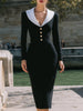 FJØRNA black and white contrast collar fitted midi dress with long sleeves and sleek silhouette, stylish for formal or casual wear.