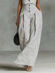 FJØRNA women's striped linen sleeveless jumpsuit with V-neck and single-breasted design, featuring lightweight, stylish pants.