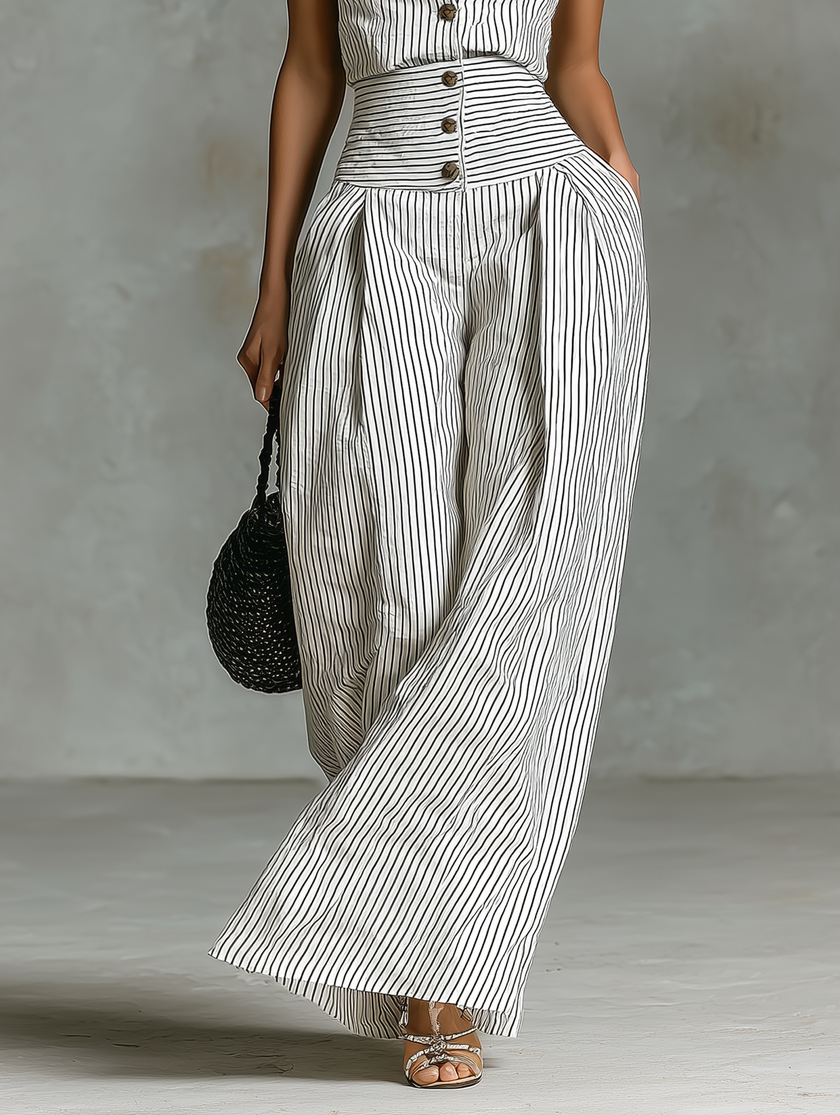 FJØRNA women's striped linen sleeveless jumpsuit with V-neck and single-breasted design, featuring lightweight, stylish pants.