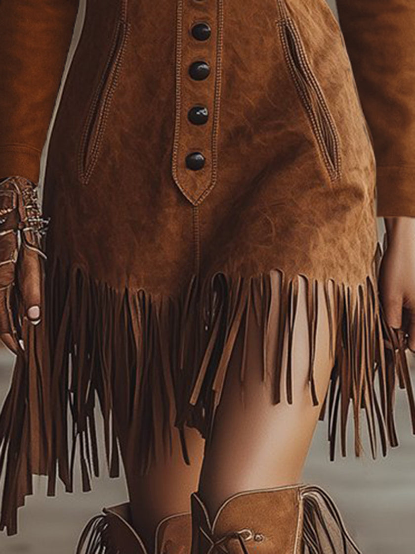 FJØRNA brown faux suede tassel mini dress, casual style with tassel accents, sleeveless design, and fitted silhouette.