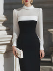 FJØRNA contrast panel long-sleeve midi dress for women, featuring a stylish design with color-blocked panels and a fitted silhouette.