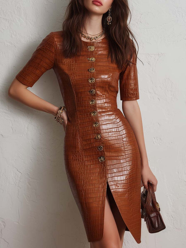 FJØRNA caramel croc-embossed faux leather midi dress with fitted silhouette and stylish shoulder details.