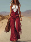 Brown micro suede tassel wide-leg dungarees from FJØRNA, featuring overalls with tassel details and a relaxed wide-leg fit.