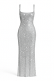 FJØRNA women’s sequin slip dress with double straps, bodycon fit, hip-skimming style, featuring shimmering sequins and elegant design.