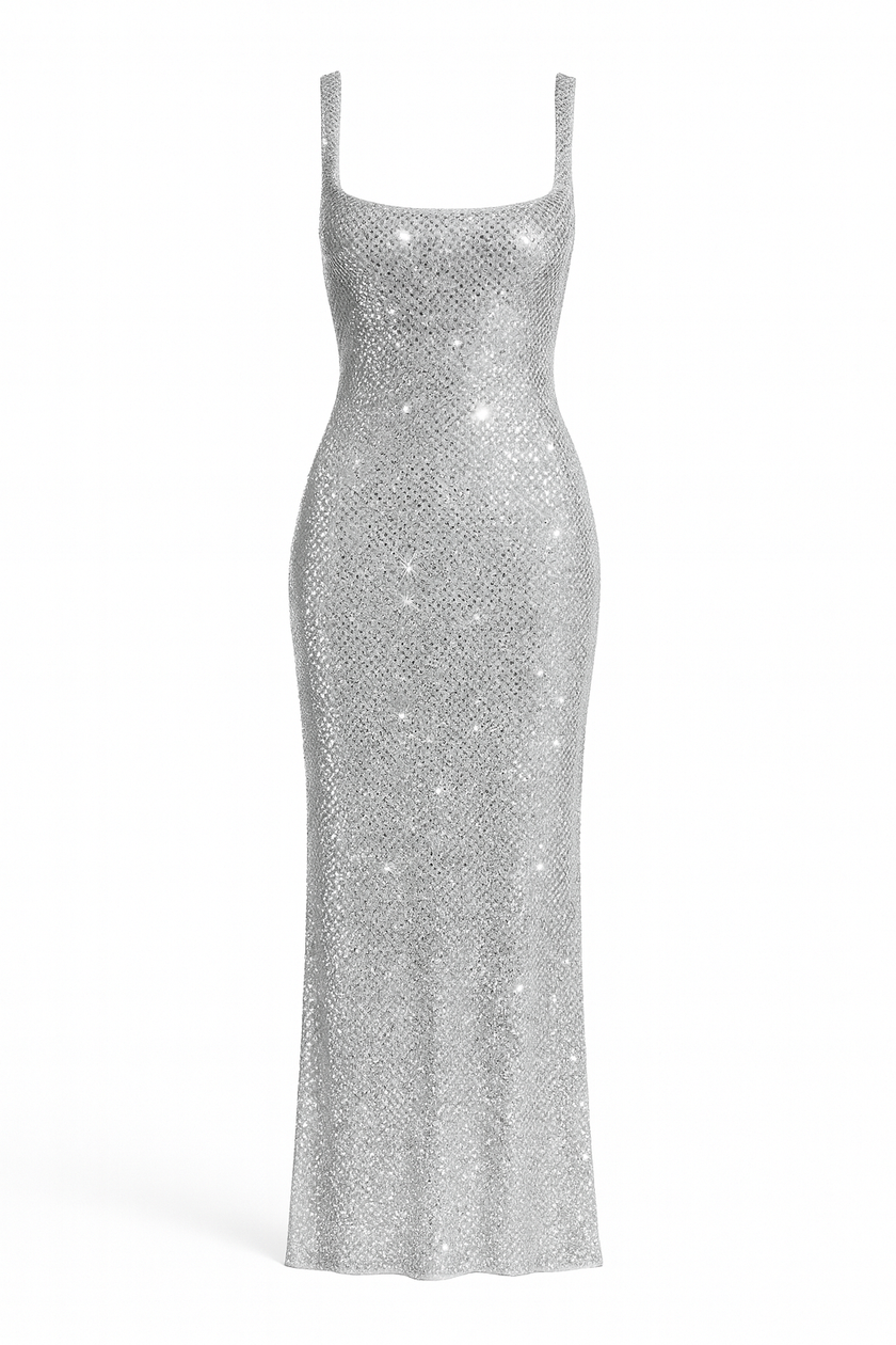 FJØRNA women’s sequin slip dress with double straps, bodycon fit, hip-skimming style, featuring shimmering sequins and elegant design.