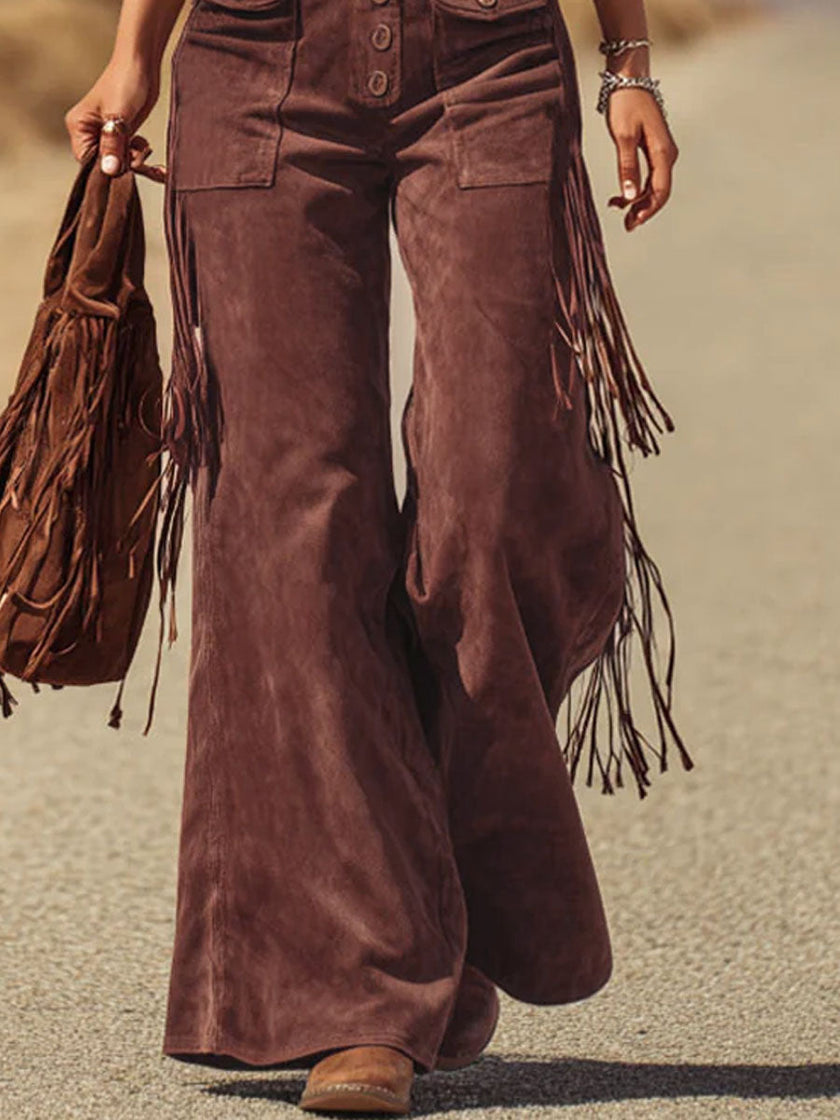 FJØRNA brown micro suede tassel wide-leg dungarees overalls with adjustable straps and front pockets, stylish and comfortable.