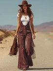 FJØRNA brown micro suede tassel wide-leg dungarees overalls with adjustable straps and side pockets, casual and stylish.