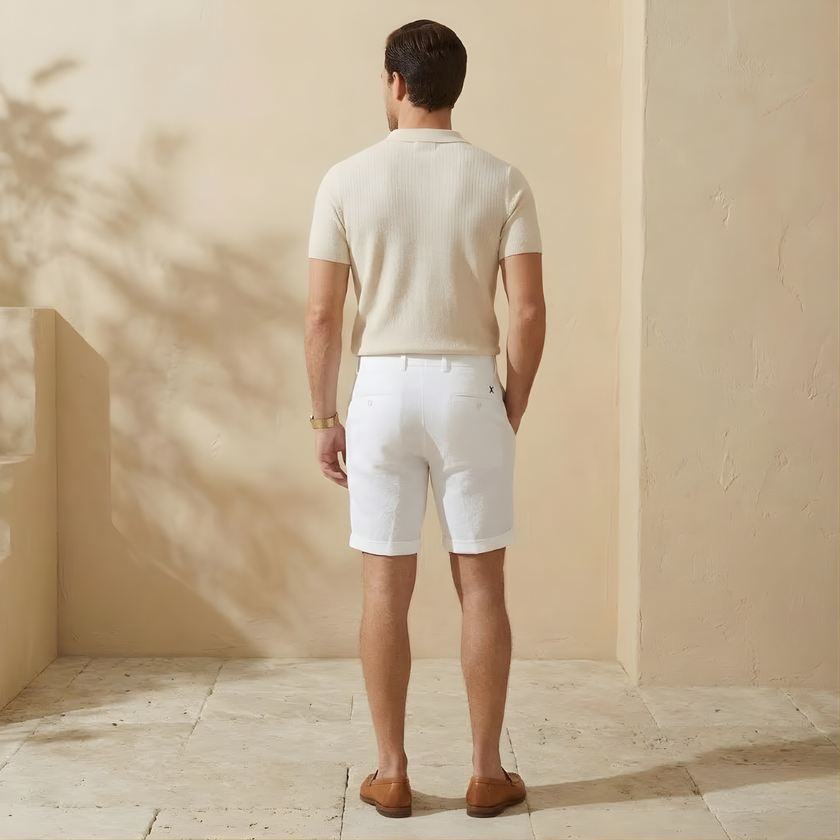 FJØRNA men's linen blend shorts with a tailored, relaxed fit, featuring a comfortable waistband and casual summer style.