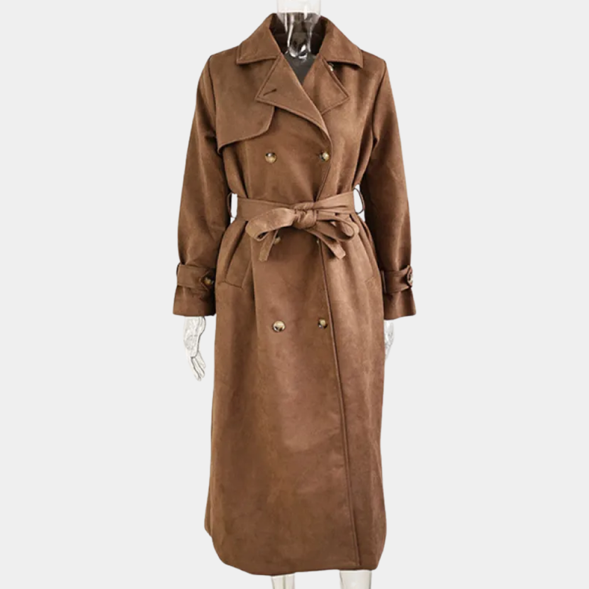 Belted Long Coat Suede Brown