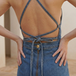 FJØRNA women's denim two-piece suit set with wide-leg pants and matching top, stylish casual ensemble for women.