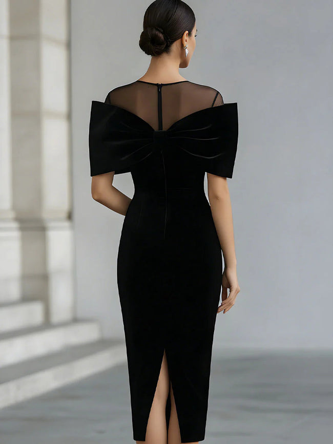 FJØRNA elegant midi dress for women featuring a velvet Bardot neckline and sophisticated design, perfect for stylish occasions.