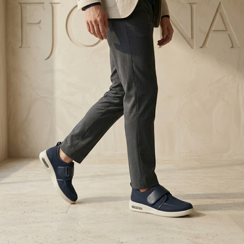 Red mesh men's trainers with breathable fabric and velcro straps from FJØRNA, showing the sporty shoe design.