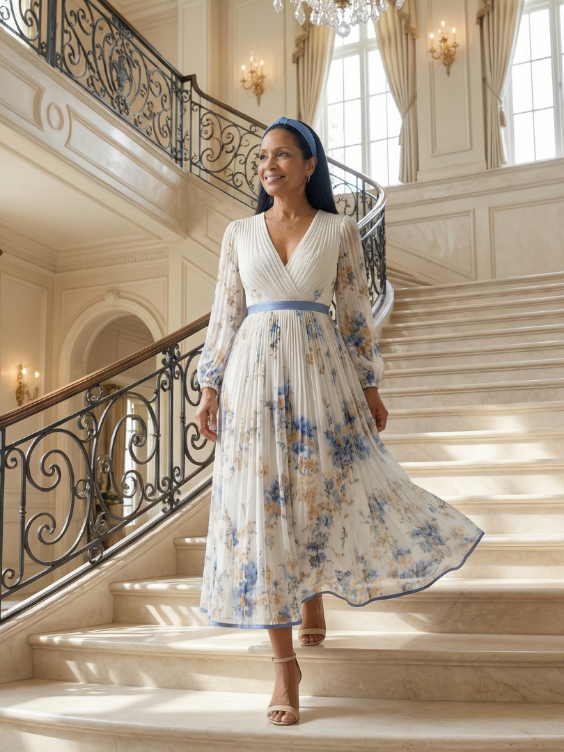 FJØRNA women's floral summer midi dress with V-neck and long sleeves, featuring a flowing design and vibrant print.