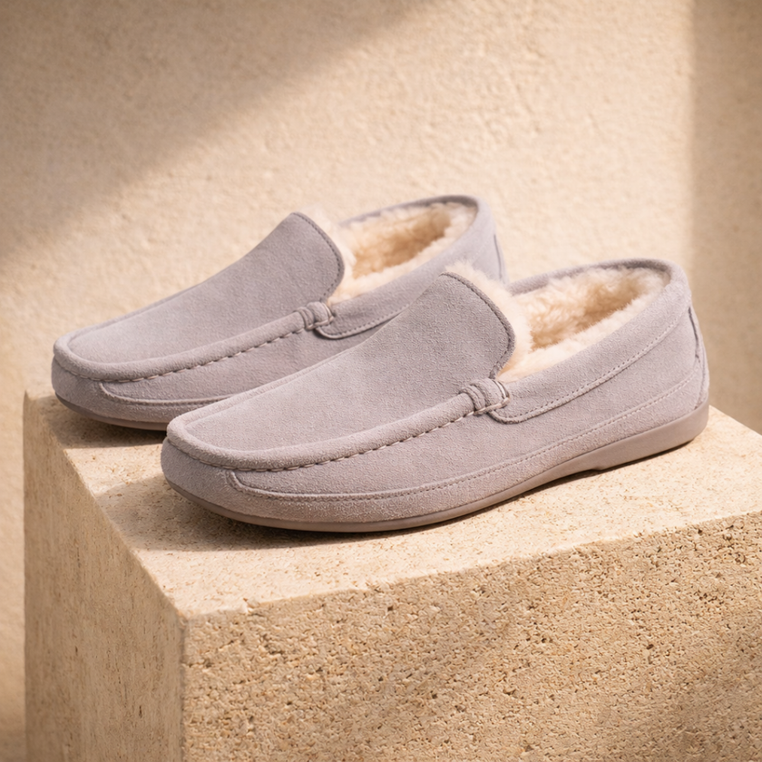 FJØRNA men's wool slippers with soft fabric and cozy design, perfect for indoor comfort and warmth.