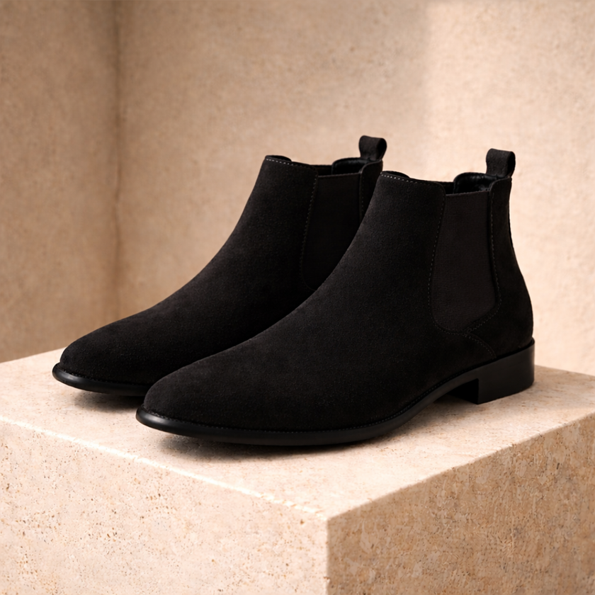 FJØRNA men's slip-on Chelsea boots in black leather, featuring sleek design and elastic side panels for easy wear.